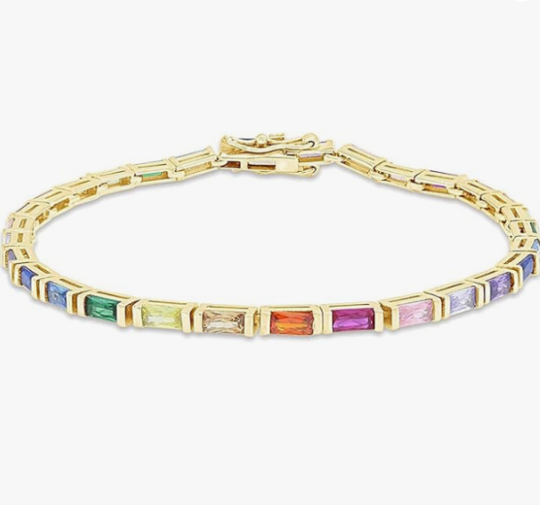 14k Gold Plated 925 Sterling Silver Colourful Bar Setting Rainbow Baguette Sparkling Multi Color Sapphire Gemstone Tennis Bracelet, Jewelry for womens